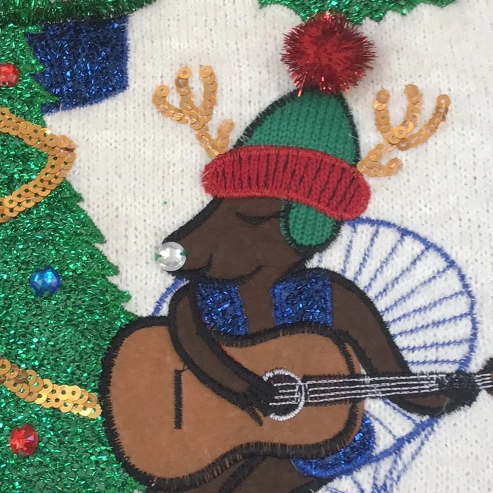 Merry & Bright Fuzzy Embroidered Santa Rudolph Camp Funny Ugly Christmas Sweater